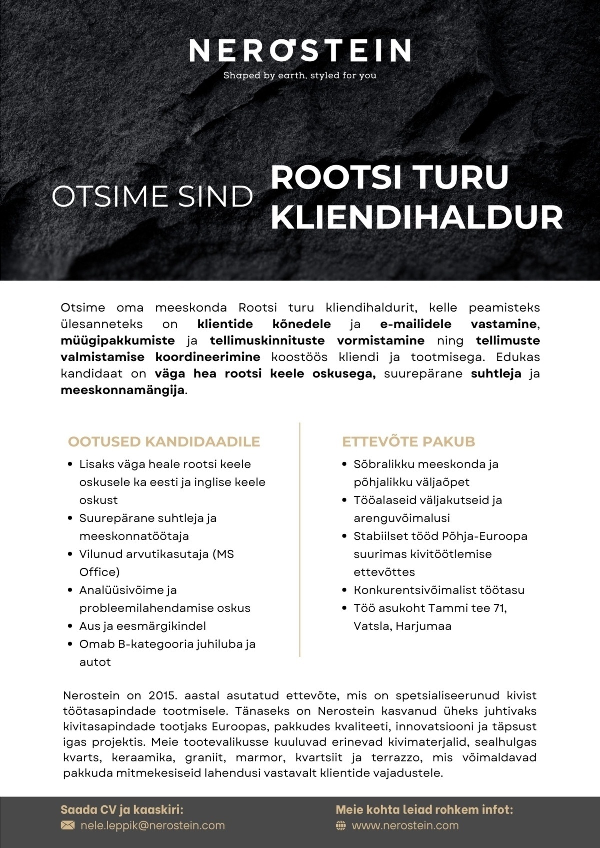 NEROSTEIN OÜ Otsime Sind Rootsi turu kliendihaldur
