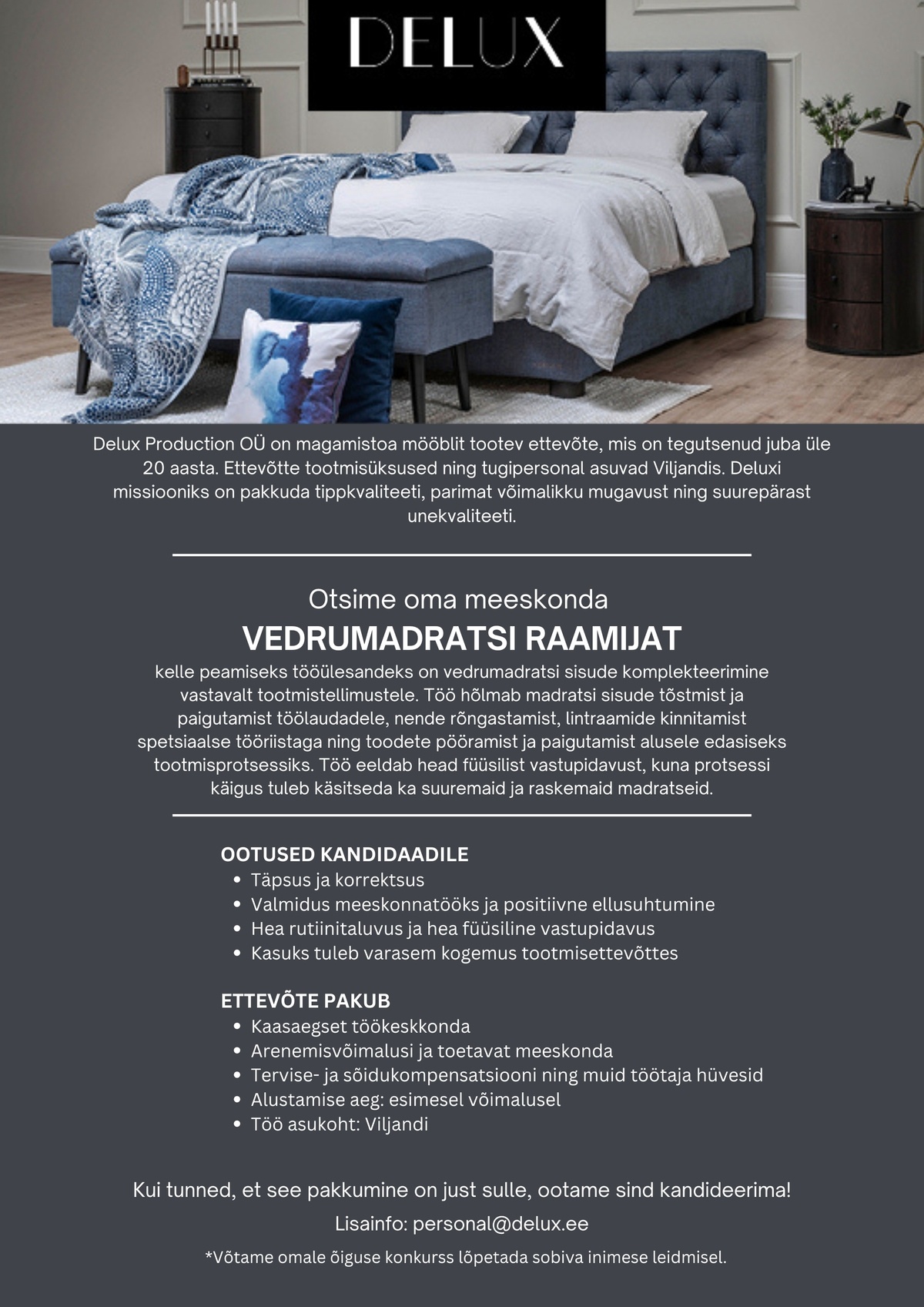DELUX PRODUCTION OÜ Vedrumadratsi raamija