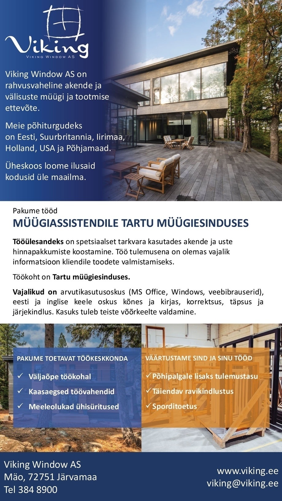 Viking Window AS Müügiassistent Tartu müügiesinduses
