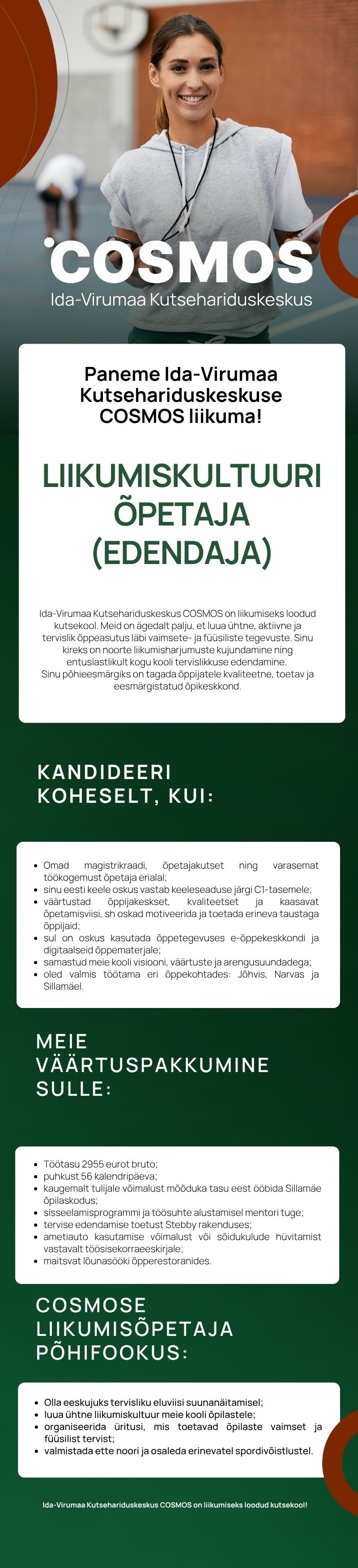 Ida-Virumaa Kutsehariduskeskus Entusiastlik LIIKUMISKULTUURI edendaja, Ida-Virumaa Kutsehariduskeskus COSMOS ootab Sind liituma!