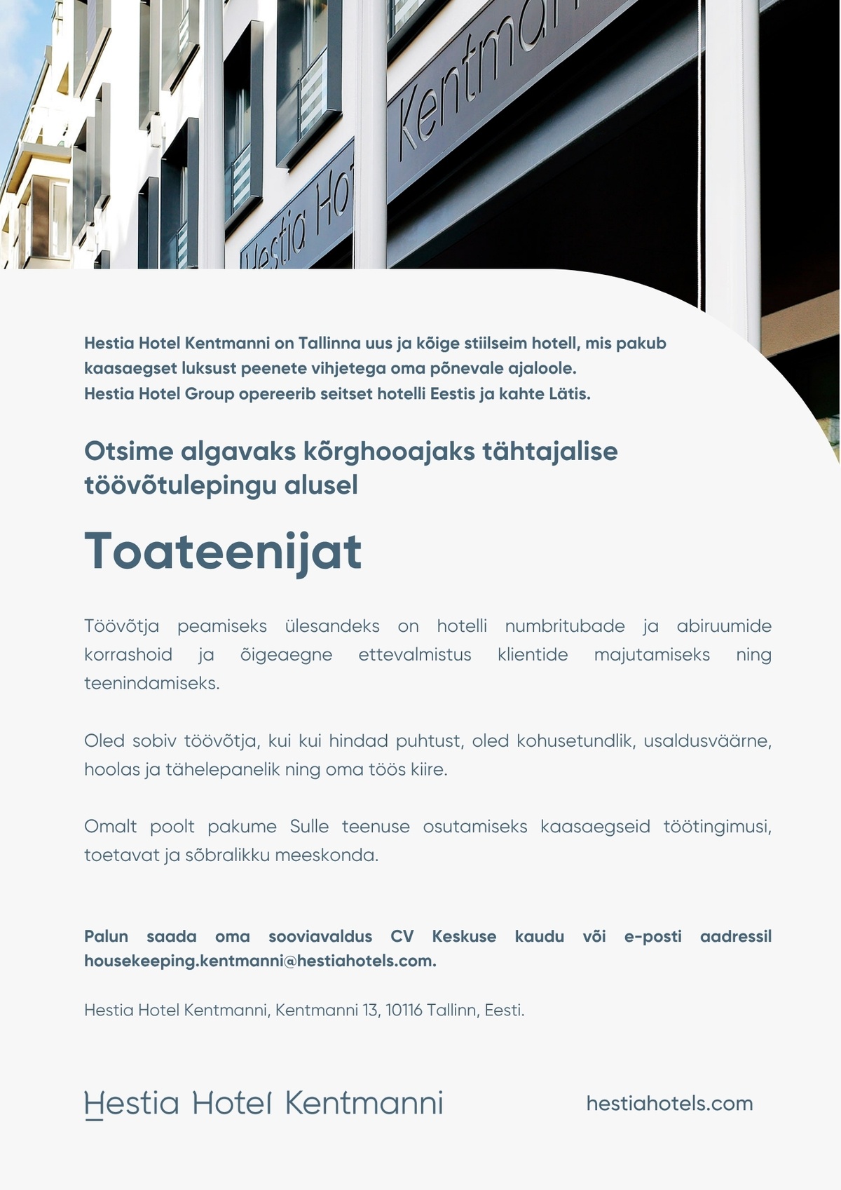 Kentmanni Hotell OÜ Toateenija (tähtajalise töövõtulepinguga)
