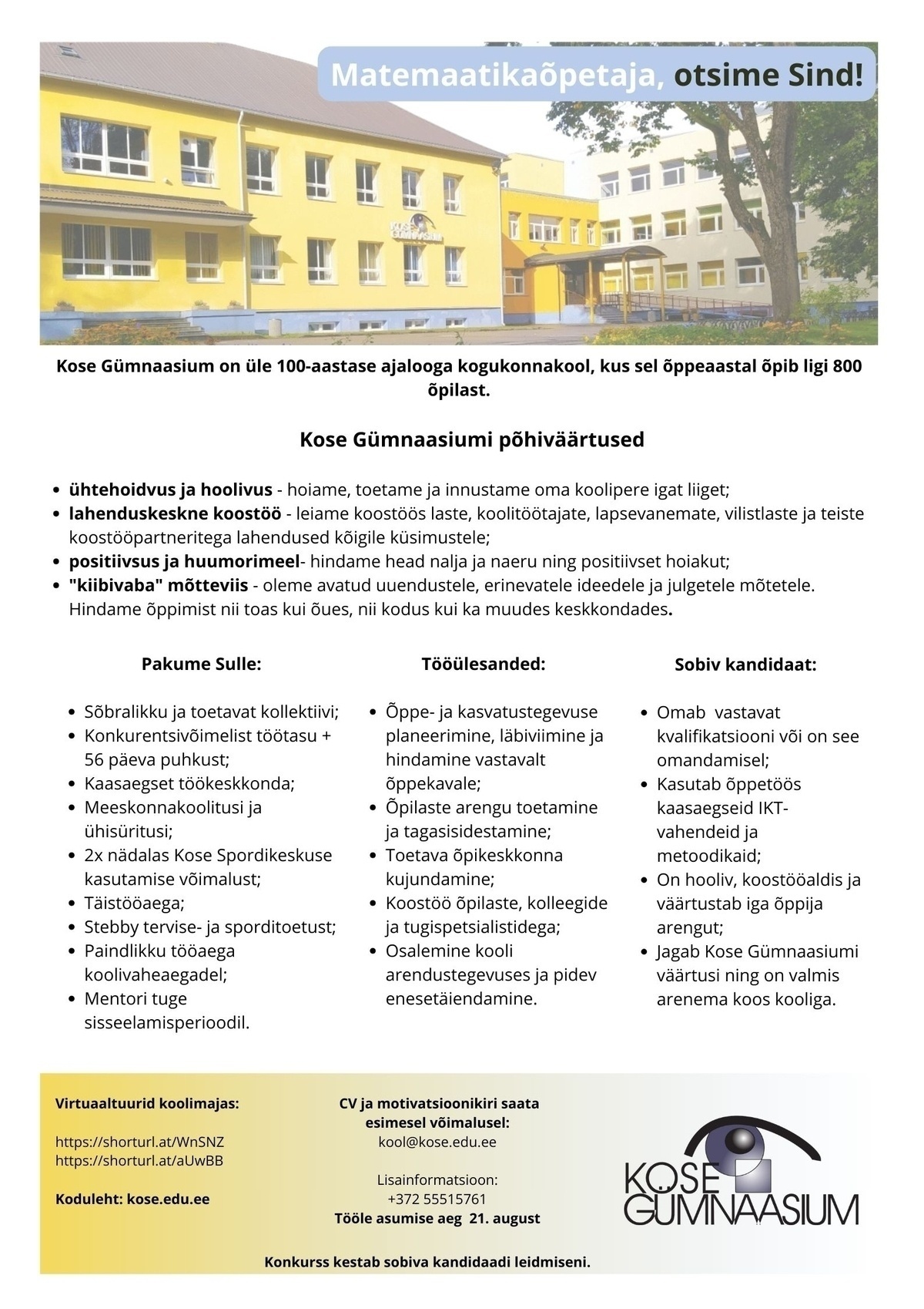 KOSE GÜMNAASIUM Matemaatikaõpetaja