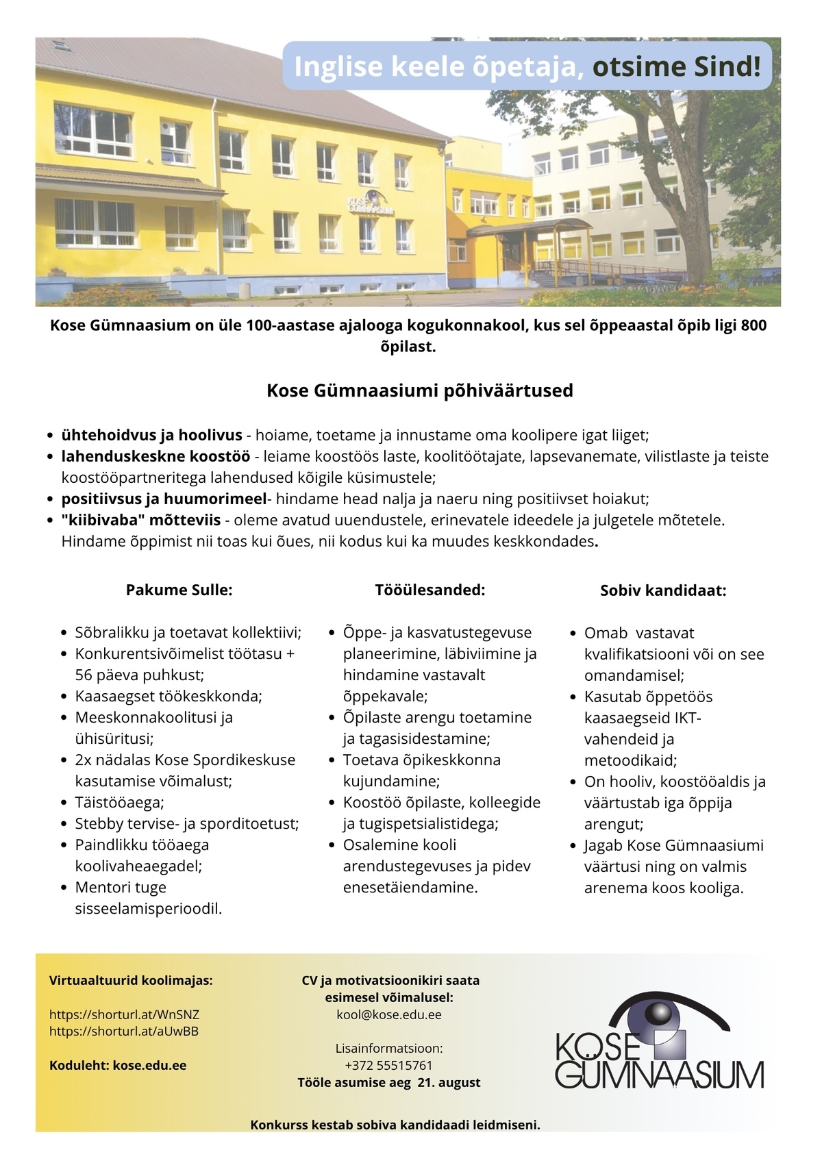 KOSE GÜMNAASIUM Inglise keele õpetaja