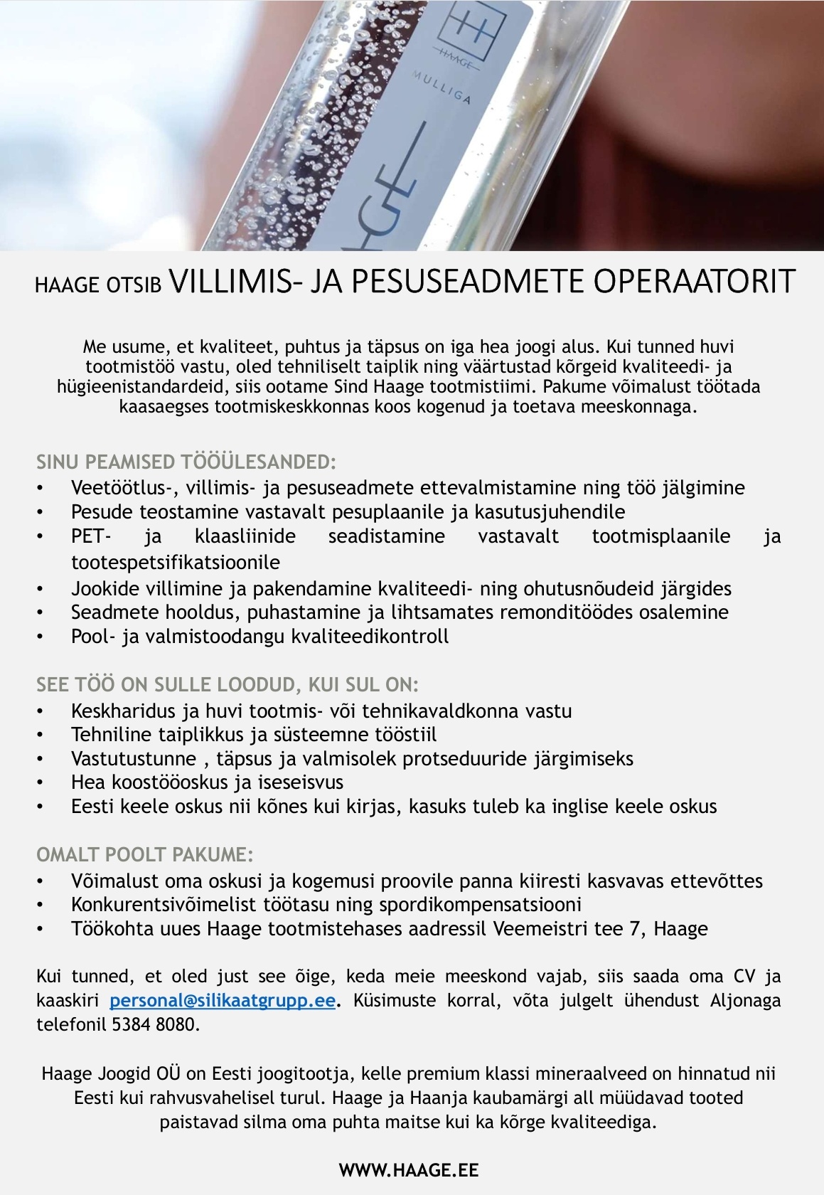 Haage Joogid OÜ Villimis- ja pesuseadmete operaator