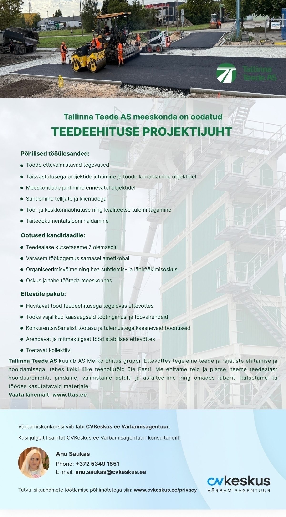 Tallinna Teede AS TEEDEEHITUSE PROJEKTIJUHT (tase 7)
