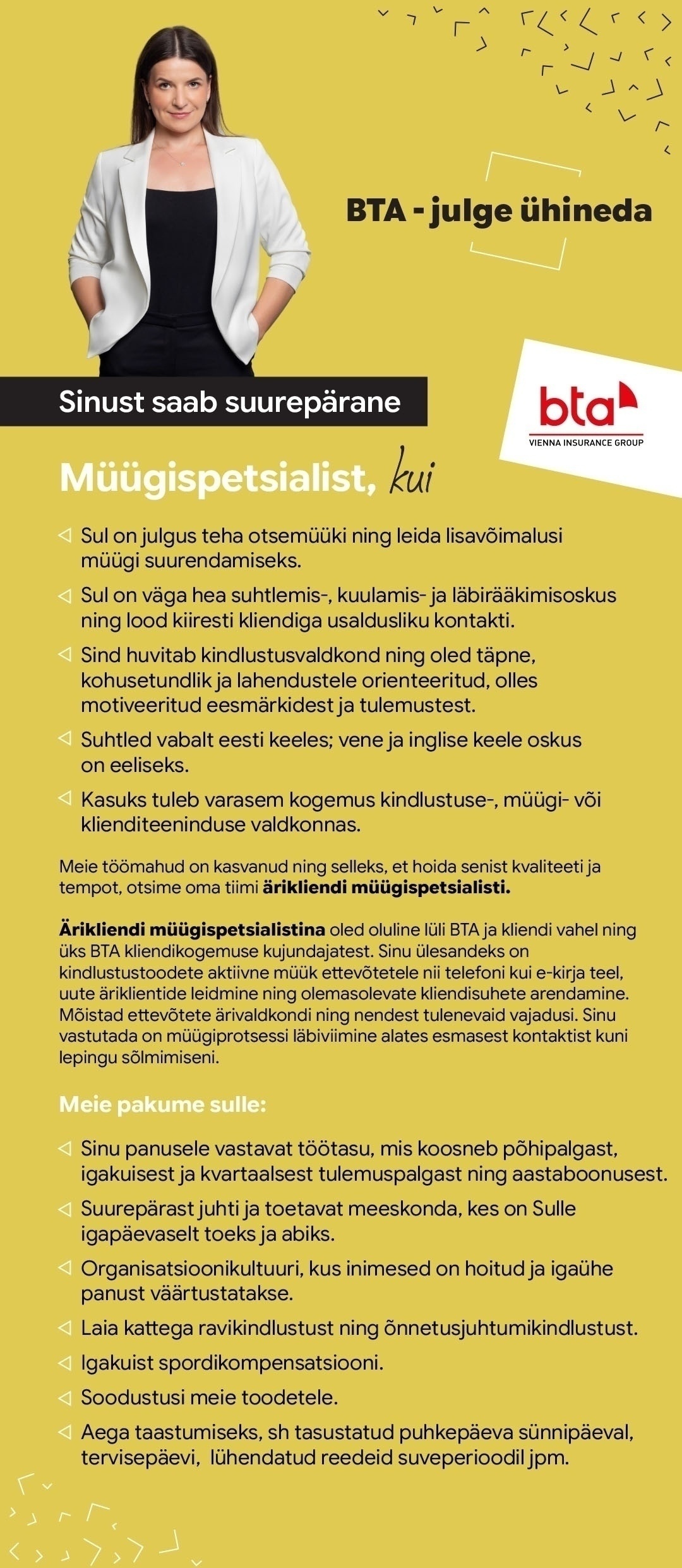 AAS BTA BALTIC INSURANCE COMPANY EESTI FILIAAL Ärikliendi kindlustuse müügispetsialist