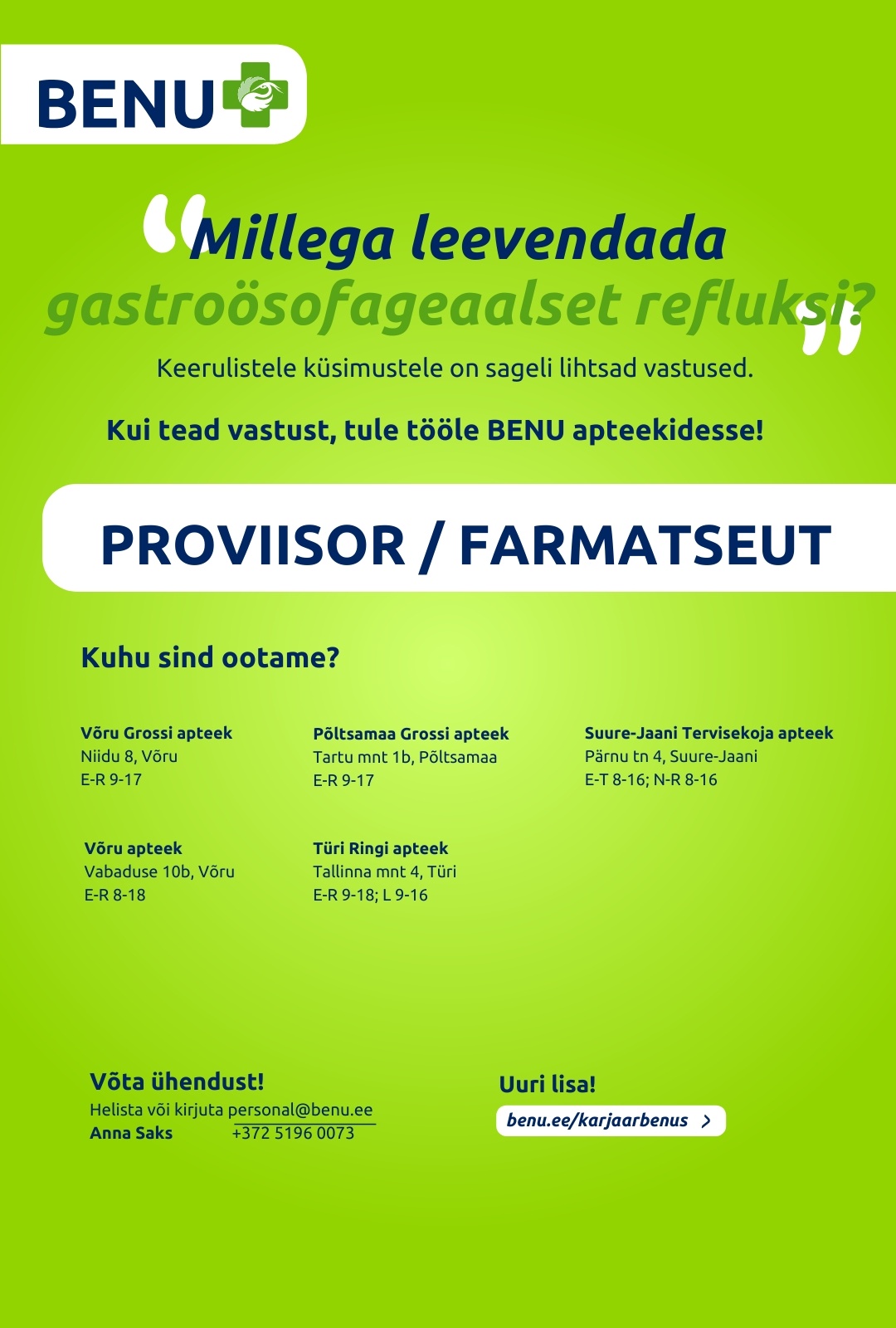 BENU Apteegid Proviisor/farmatseut BENU apteekidesse