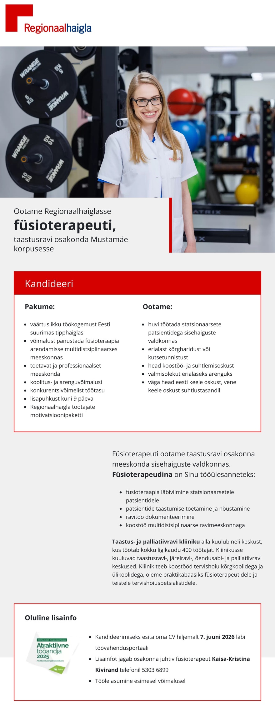 Põhja-Eesti Regionaalhaigla Füsioterapeut taastusravi osakonda Mustamäe korpuses