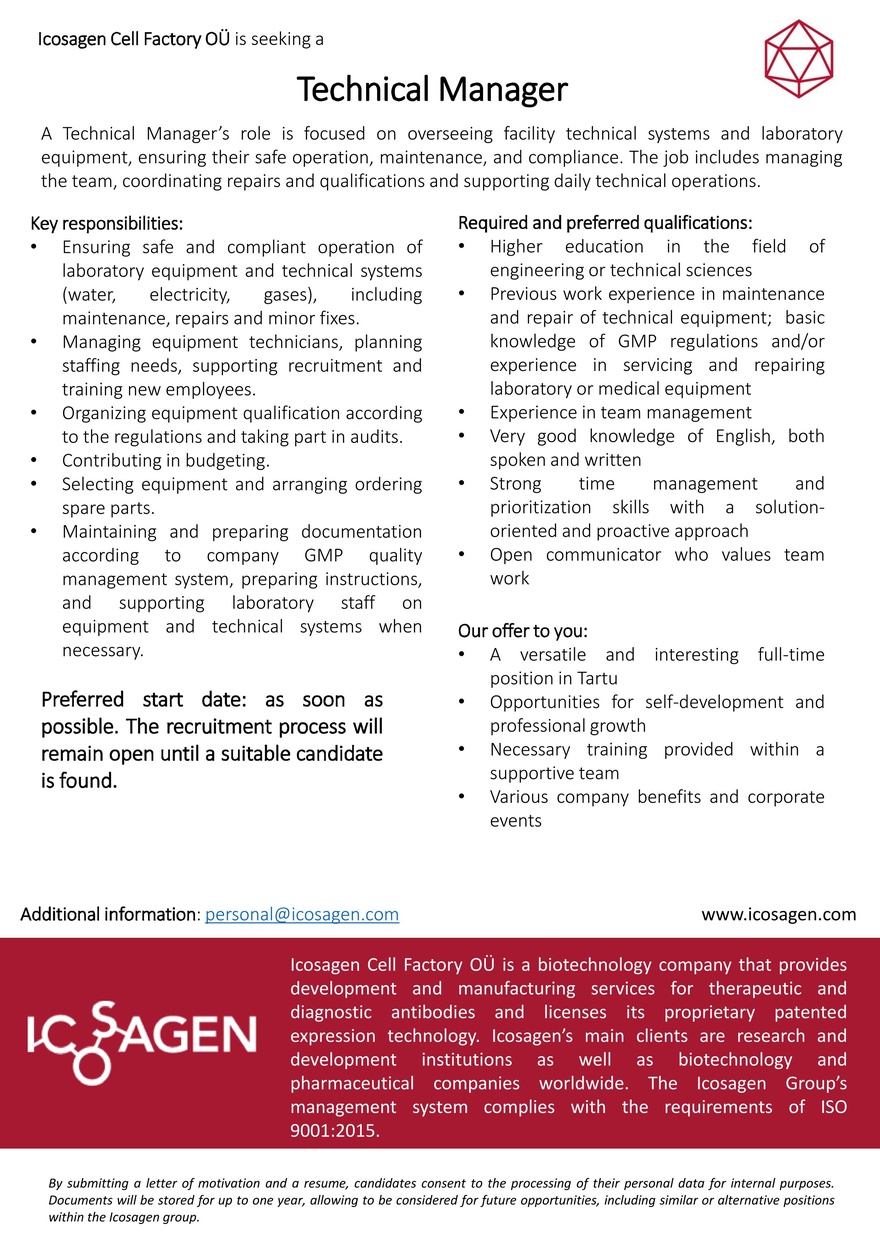 Icosagen Cell Factory OÜ TECHNICAL MANAGER