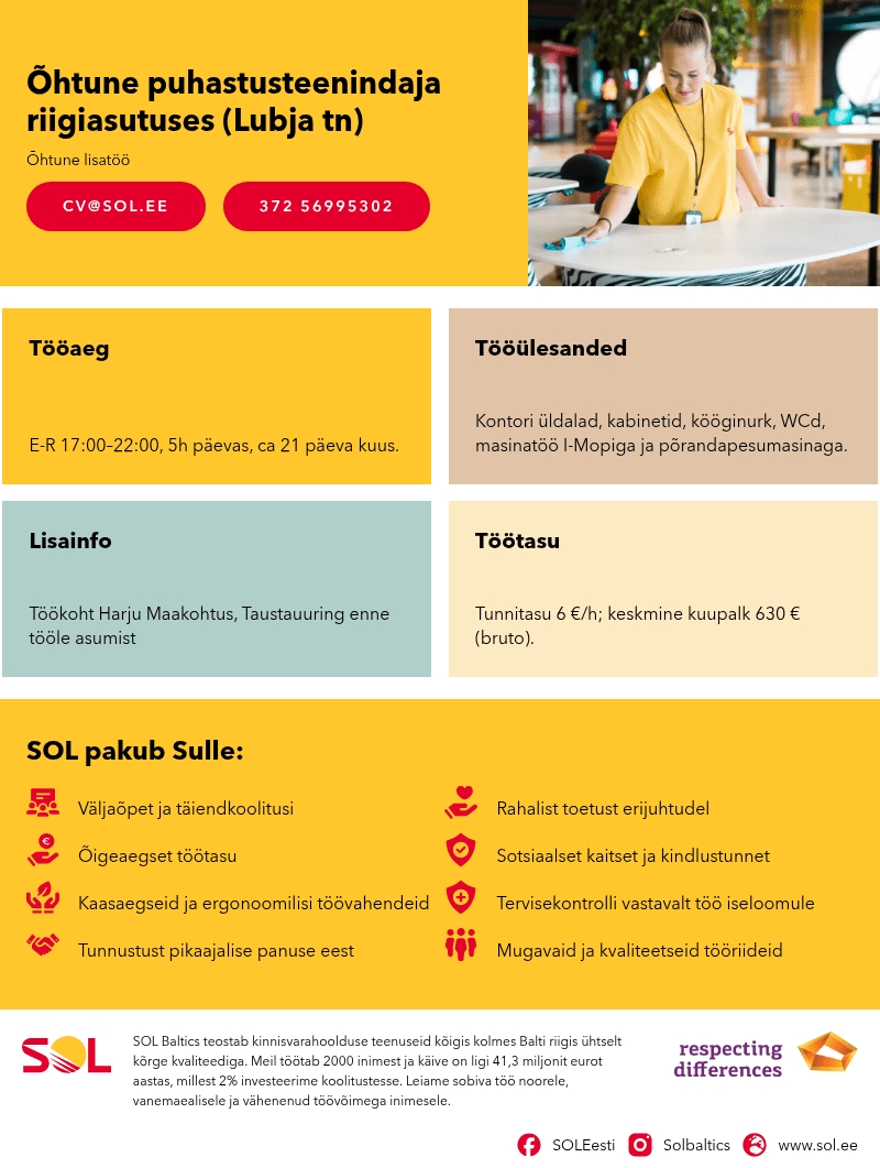 SOL Baltics OÜ Õhtune puhastusteenindaja riigiasutuses (Lubja tn)