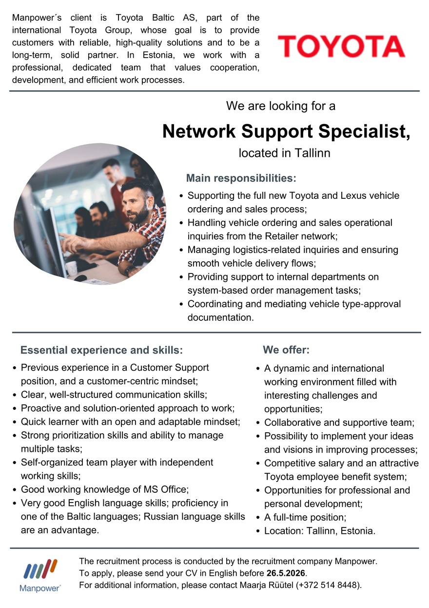 Manpower OÜ NETWORK SUPPORT SPECIALIST
