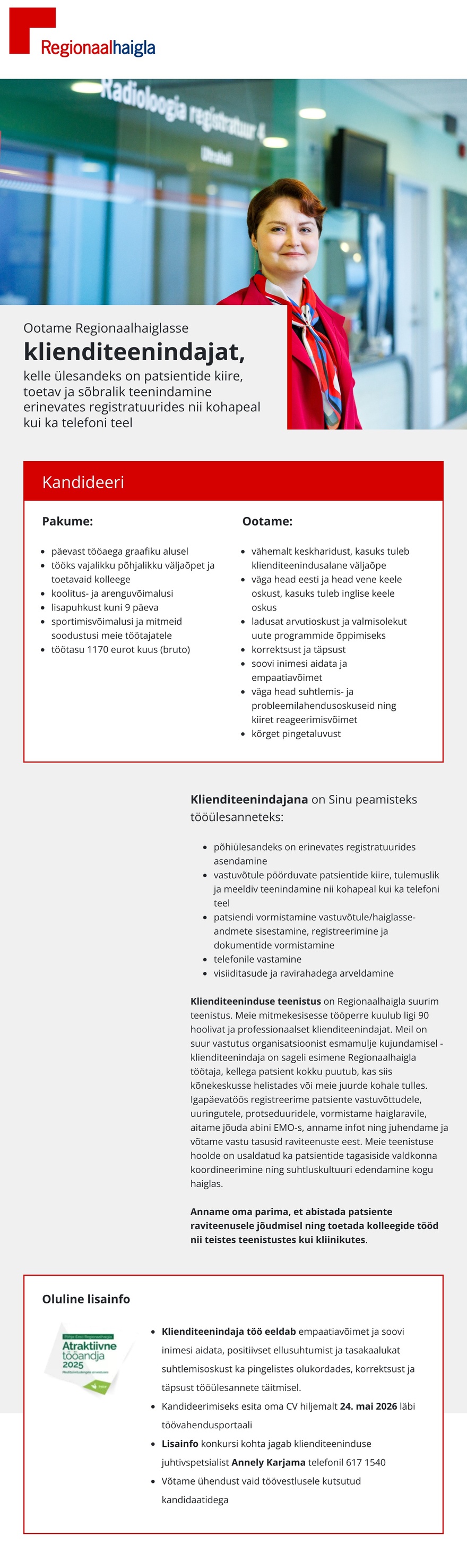 Põhja-Eesti Regionaalhaigla Klienditeenindaja (erinevates registratuurides)