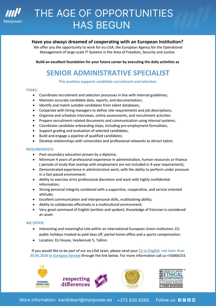 Manpower SENIOR ADMINISTRATIVE SPECIALIST_HR (eu-Lisa)