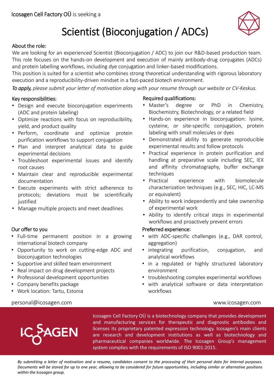 Icosagen Cell Factory OÜ SCIENTIST (BIOCONJUGATION / ADCs)