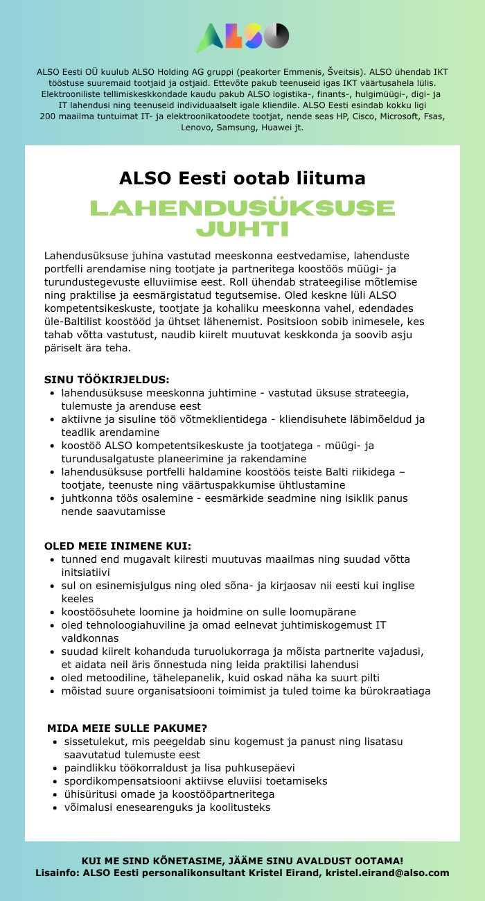 ALSO Eesti OÜ Lahendusüksuse juht
