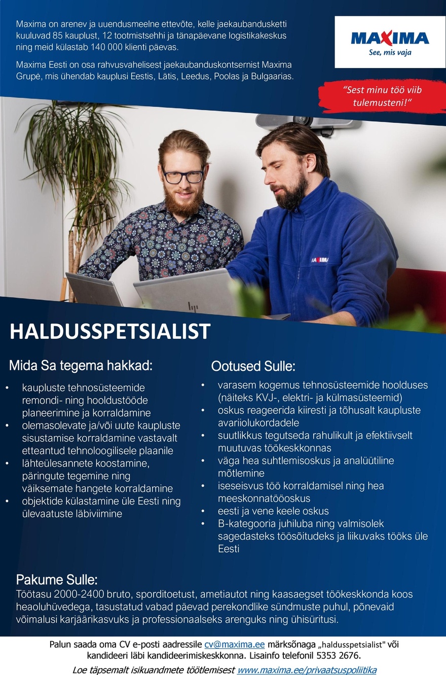 Maxima Eesti OÜ Haldusspetsialist