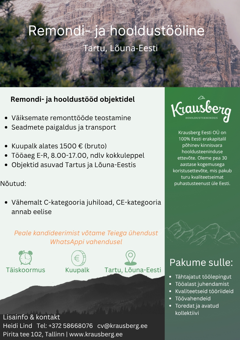 Krausberg Eesti OÜ Remondi- ja hooldustööline, Tartu ja Lõuna-Eesti