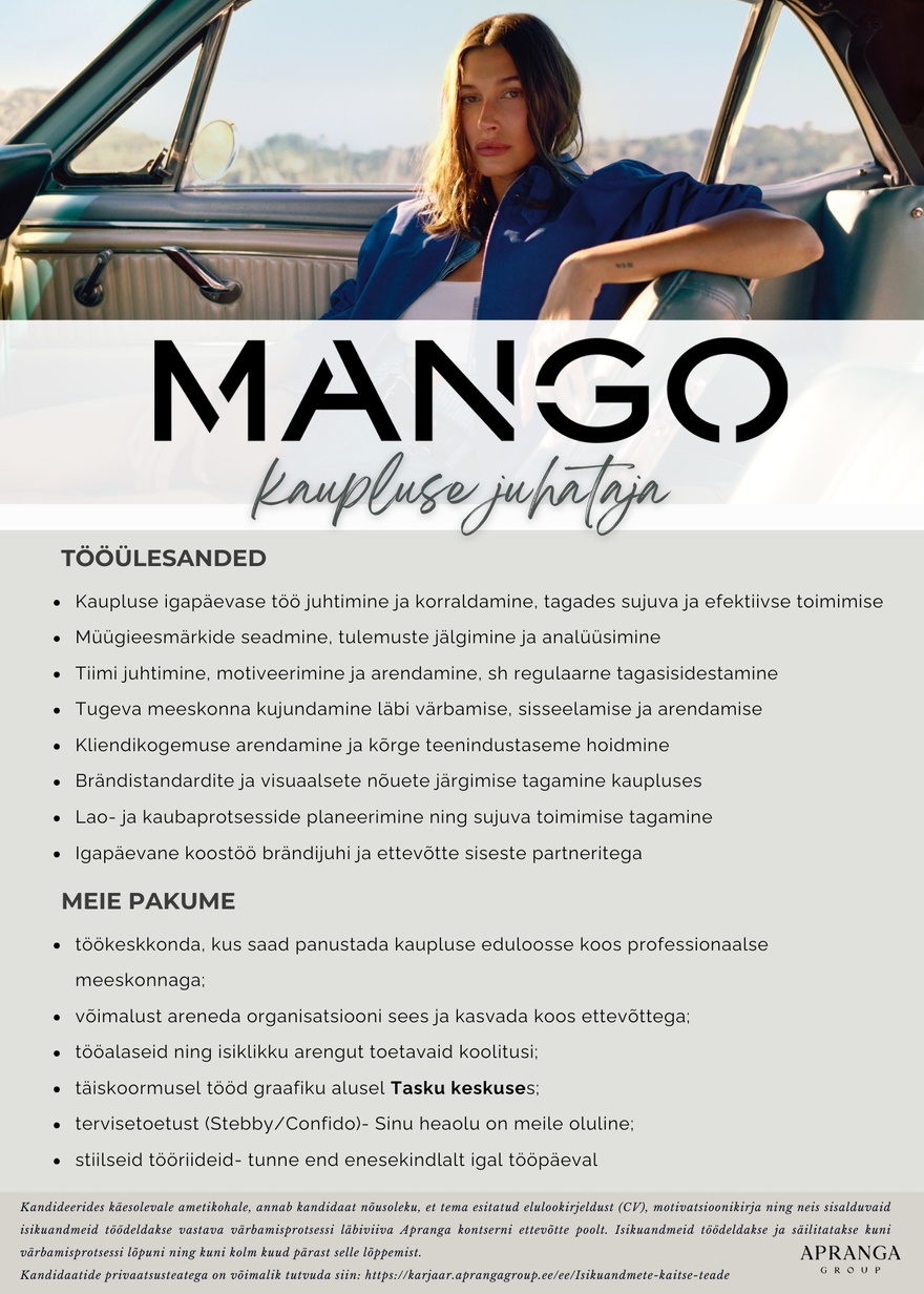 Apranga OÜ MANGO Tasku kaupluse juhataja