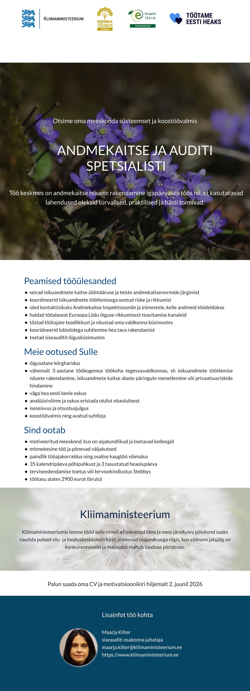 Kliimaministeerium Andmekaitse ja auditi spetsialist