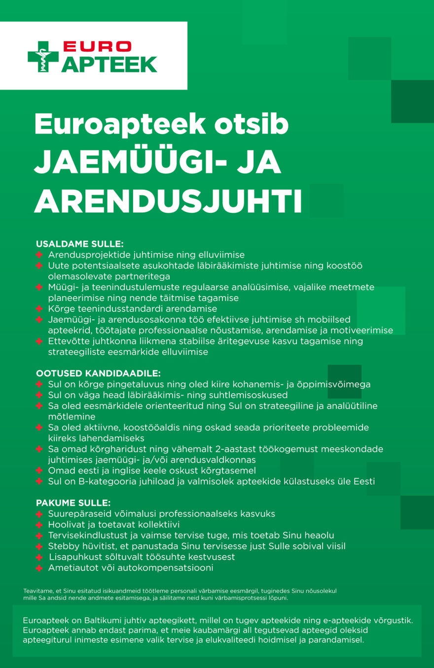 Euroapteek OÜ Jaemüügi- ja arendusjuht