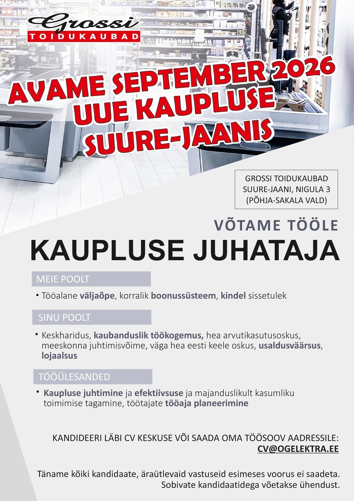 OG Elektra AS Kaupluse juhataja (UUS kauplus Suure-Jaanis)
