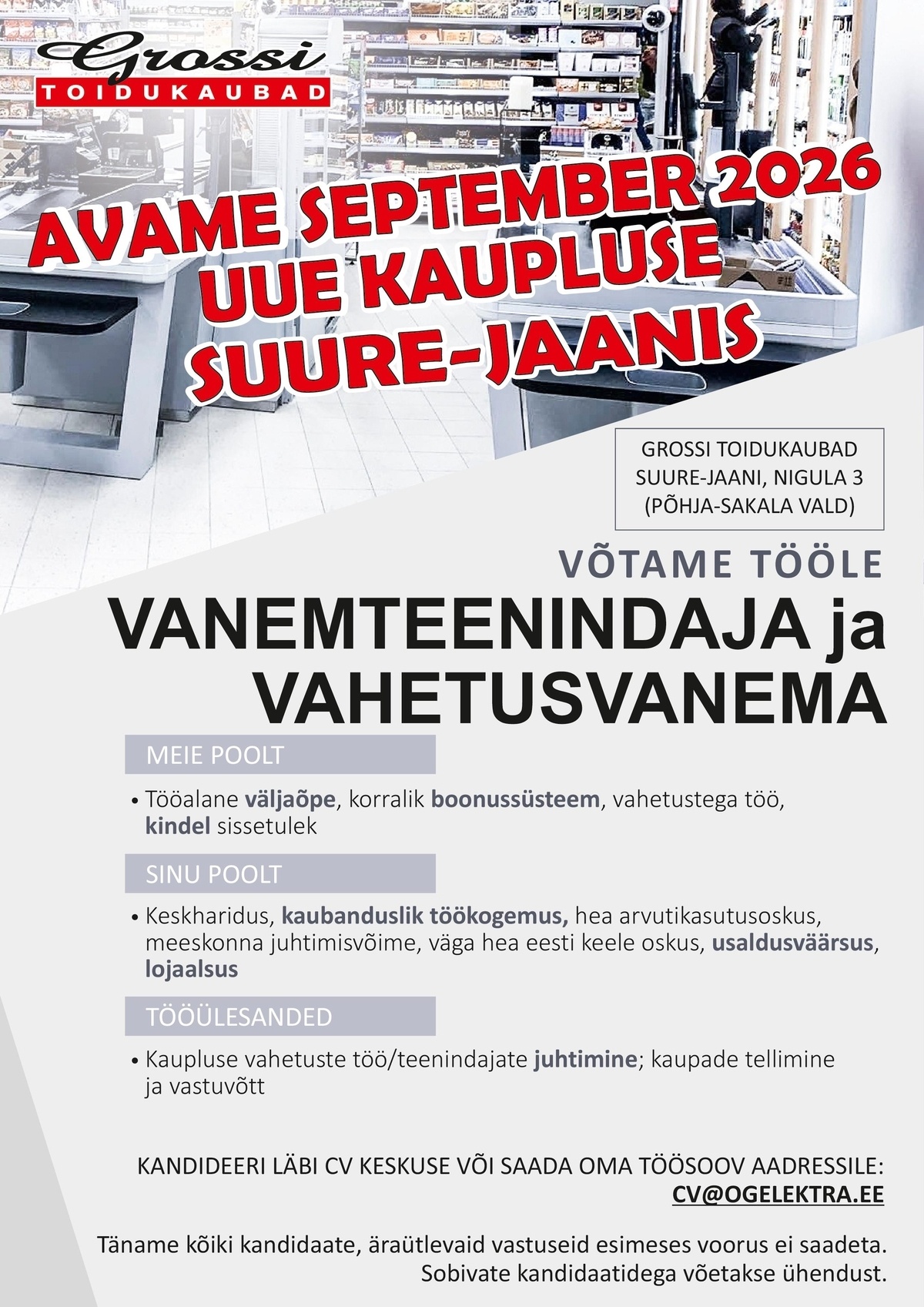OG Elektra AS Vanemteenindaja ja vahetusvanem (UUS kauplus Suure-Jaanis)