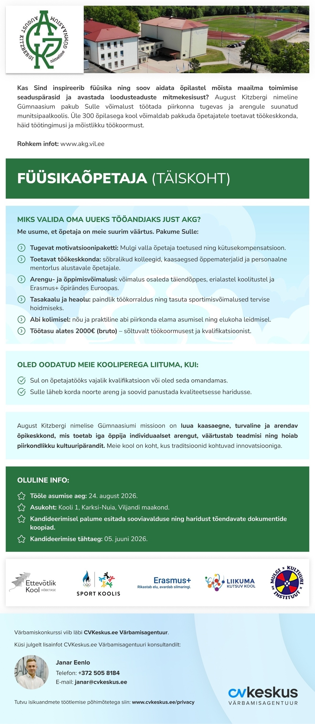 August Kitzbergi nimeline Gümnaasium FÜÜSIKAÕPETAJA (täiskoht)