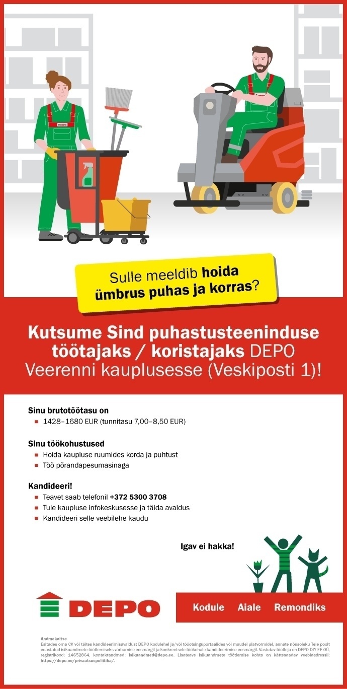 DEPO DIY EE OÜ Puhastusteeninduse töötaja / koristaja, Veerenni (Veskiposti 1)