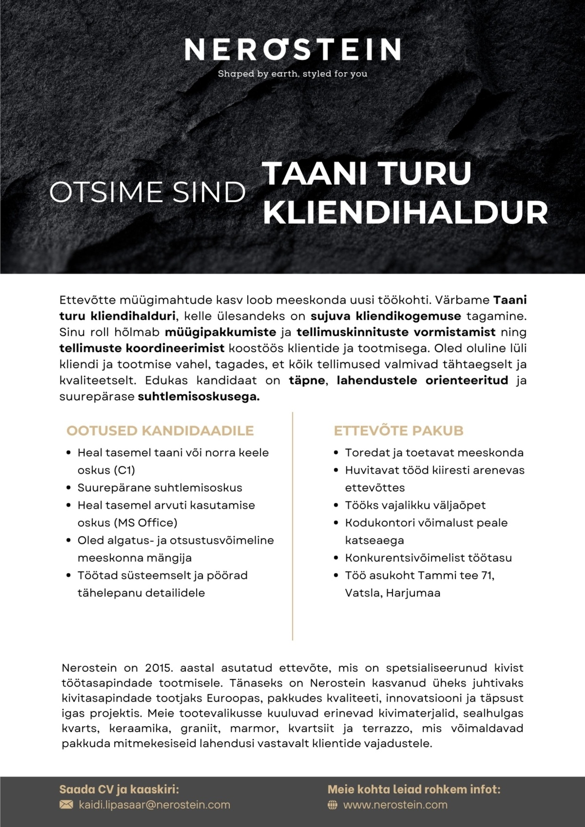 NEROSTEIN OÜ Otsime Sind Taani turu kliendihaldur