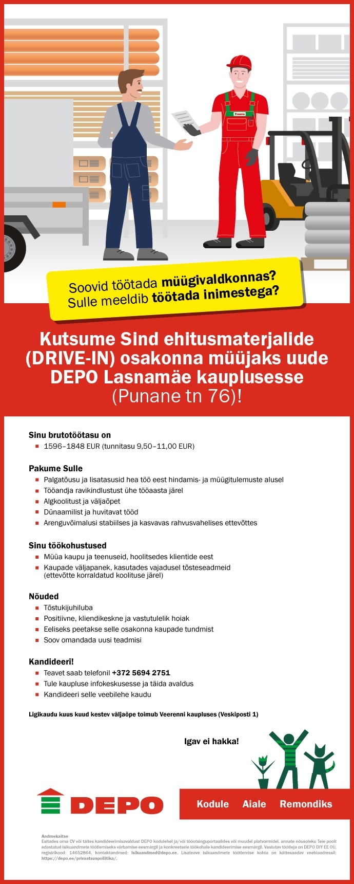 DEPO DIY EE OÜ Ehitusmaterjalide (DRIVE-IN) osakonna müüja, Lasnamäe (Punane tn 76)