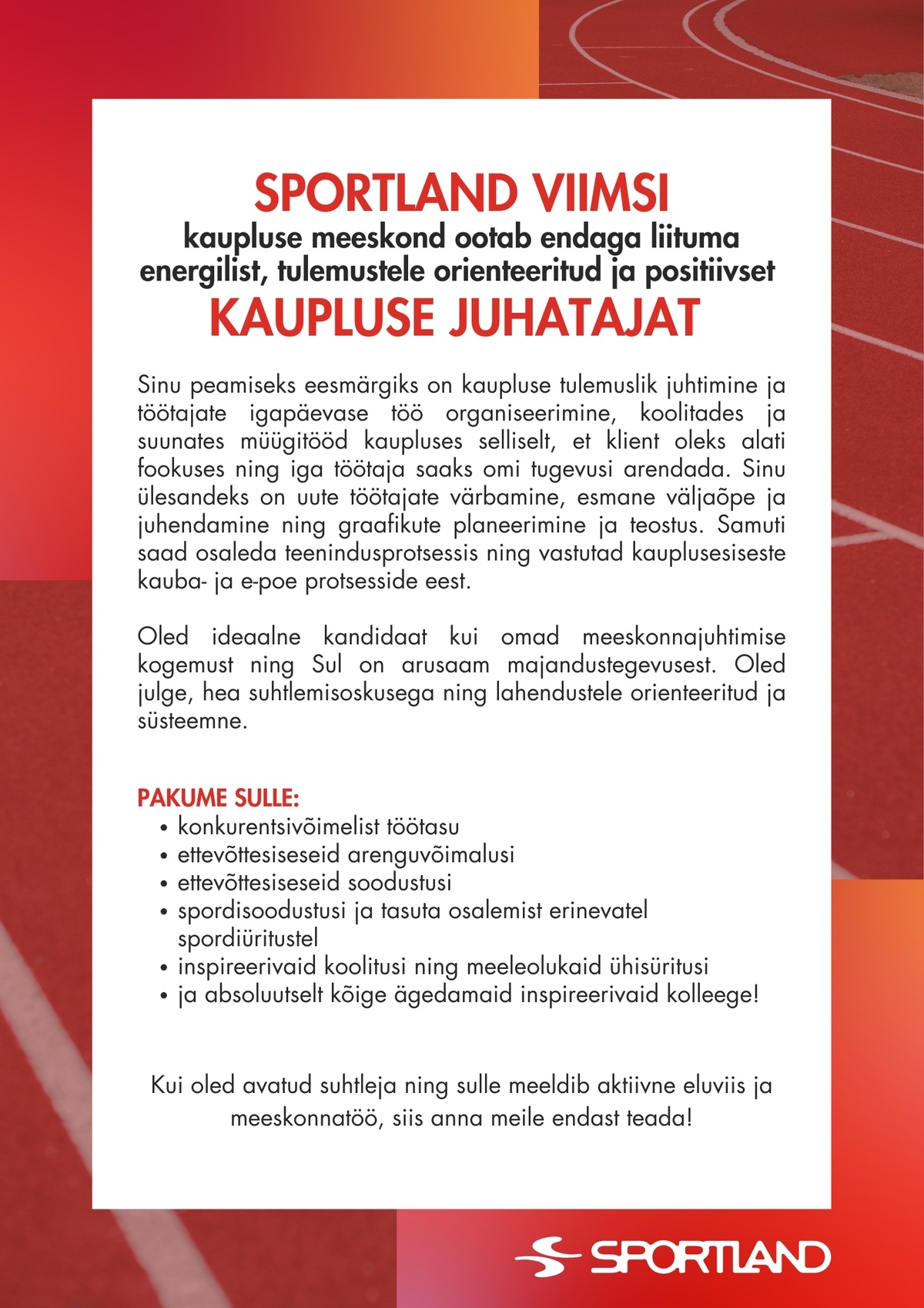Sportland Eesti Sportland Viimsi juhataja (vanemapuhkuse asendaja)