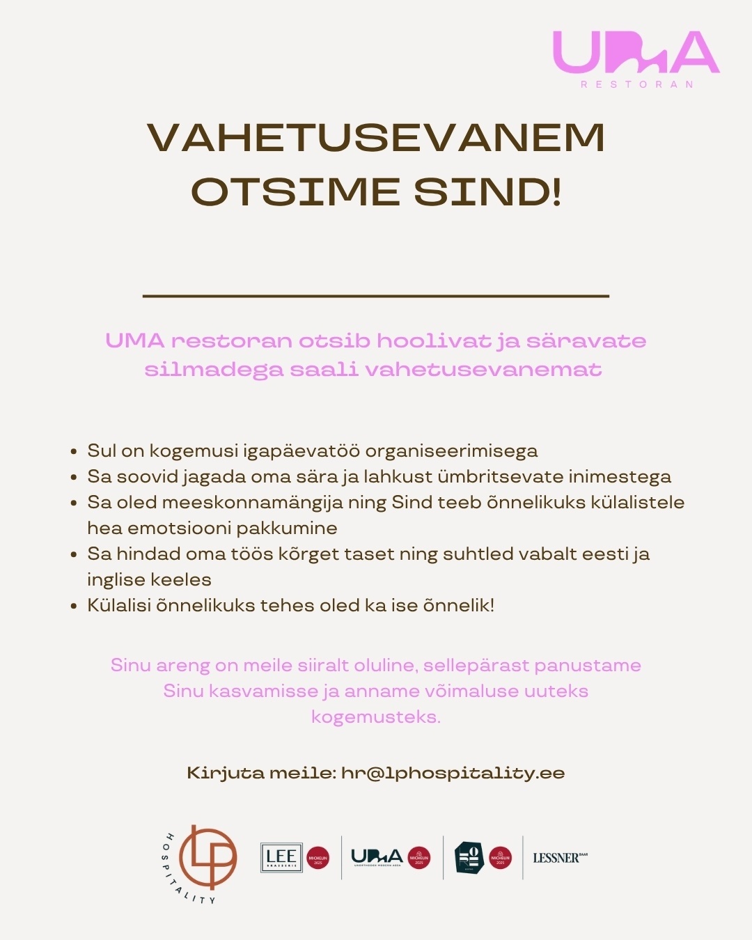 LP Hospitality Vahetusevanem otsime Sind!