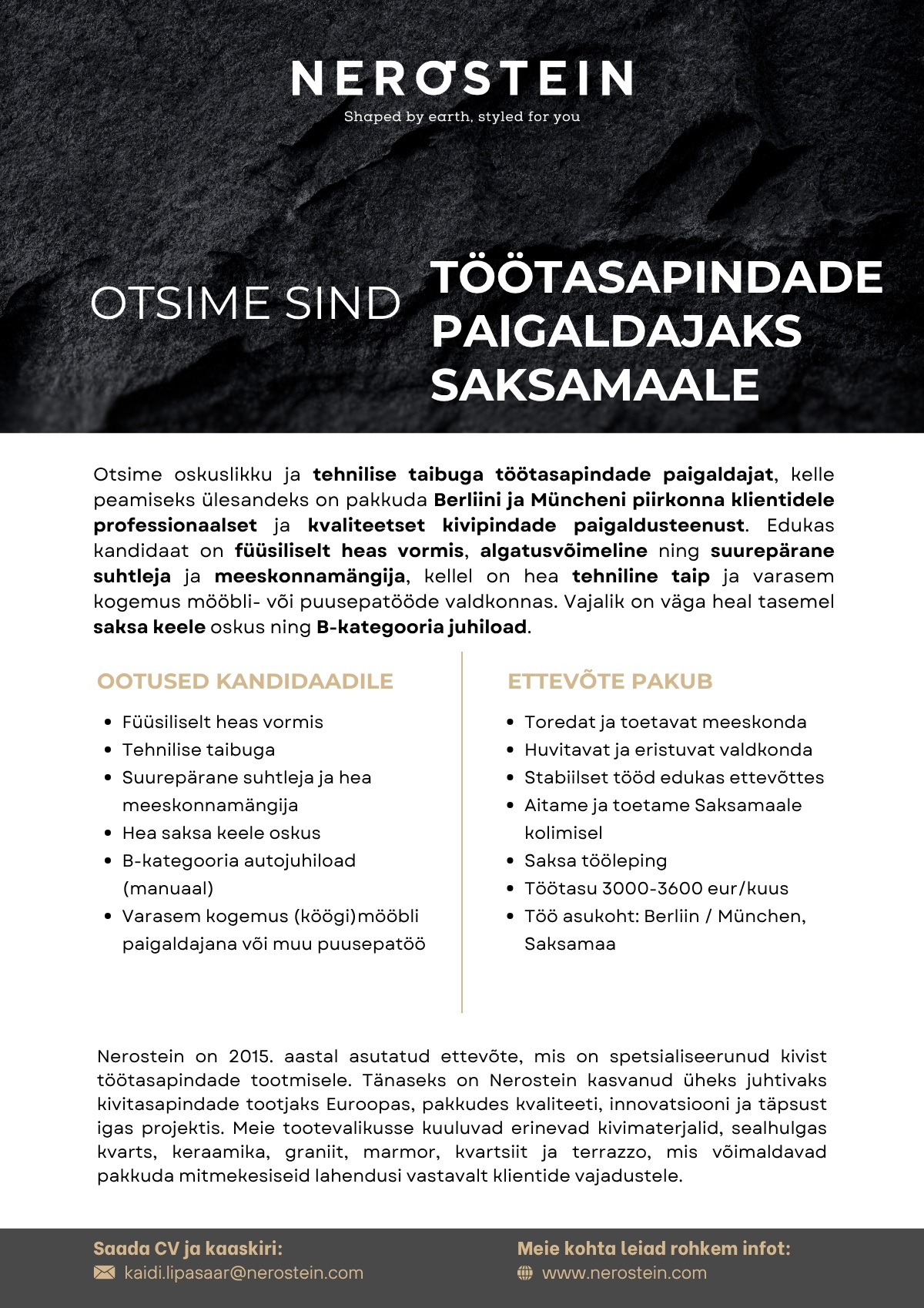 NEROSTEIN OÜ Töötasapindade paigaldaja Saksamaale
