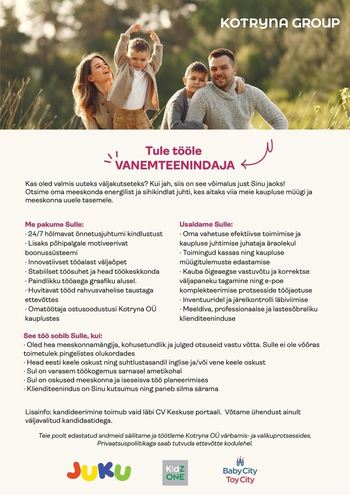 Kotryna OÜ Ülemiste keskuses JUKU/KidzOne kaupluse vanemteenindaja