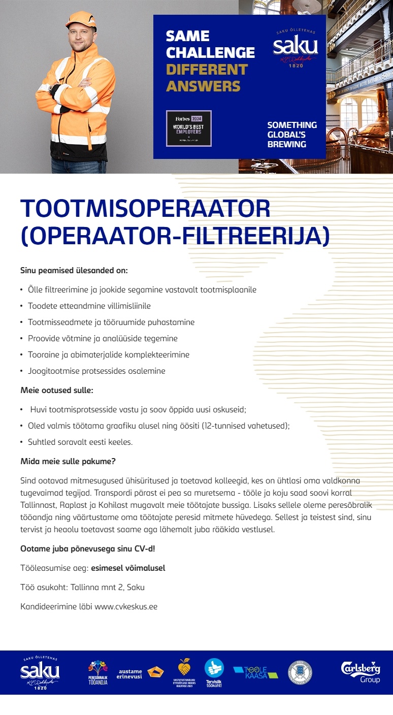Saku Õlletehase AS Tootmisoperaator (operaator-filteerija)