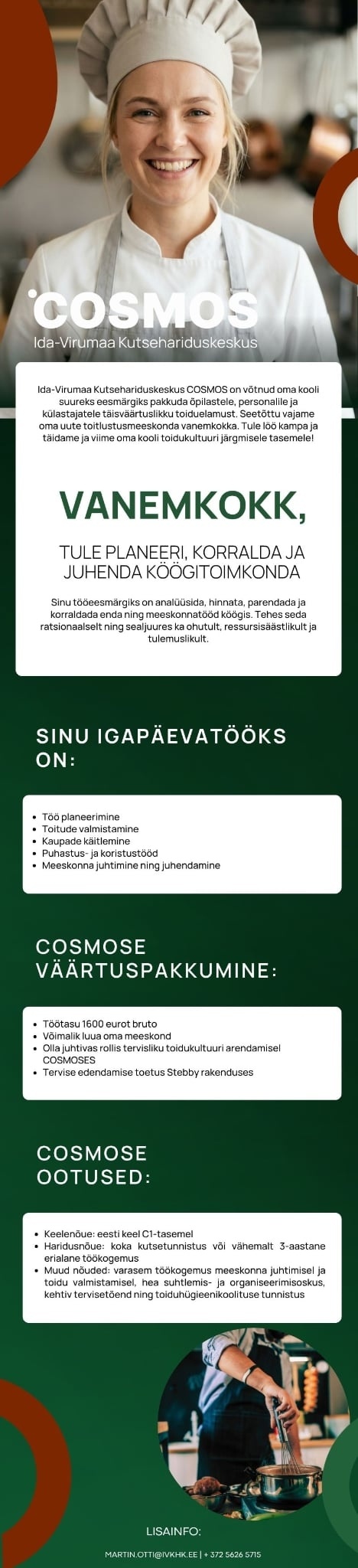 Ida-Virumaa Kutsehariduskeskus VANEMKOKK, tule planeeri, korralda ja juhenda Ida-Virumaa Kutsehariduskeskus COSMOS köögitoimkonda!
