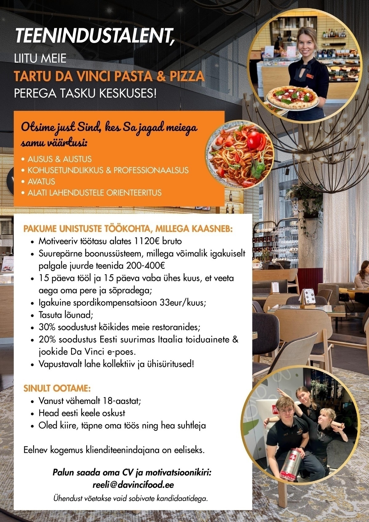Da Vinci Restoranid OÜ TÄISTÖÖAJAGA KLIENDITEENINDAJA (TASKU DA VINCI)