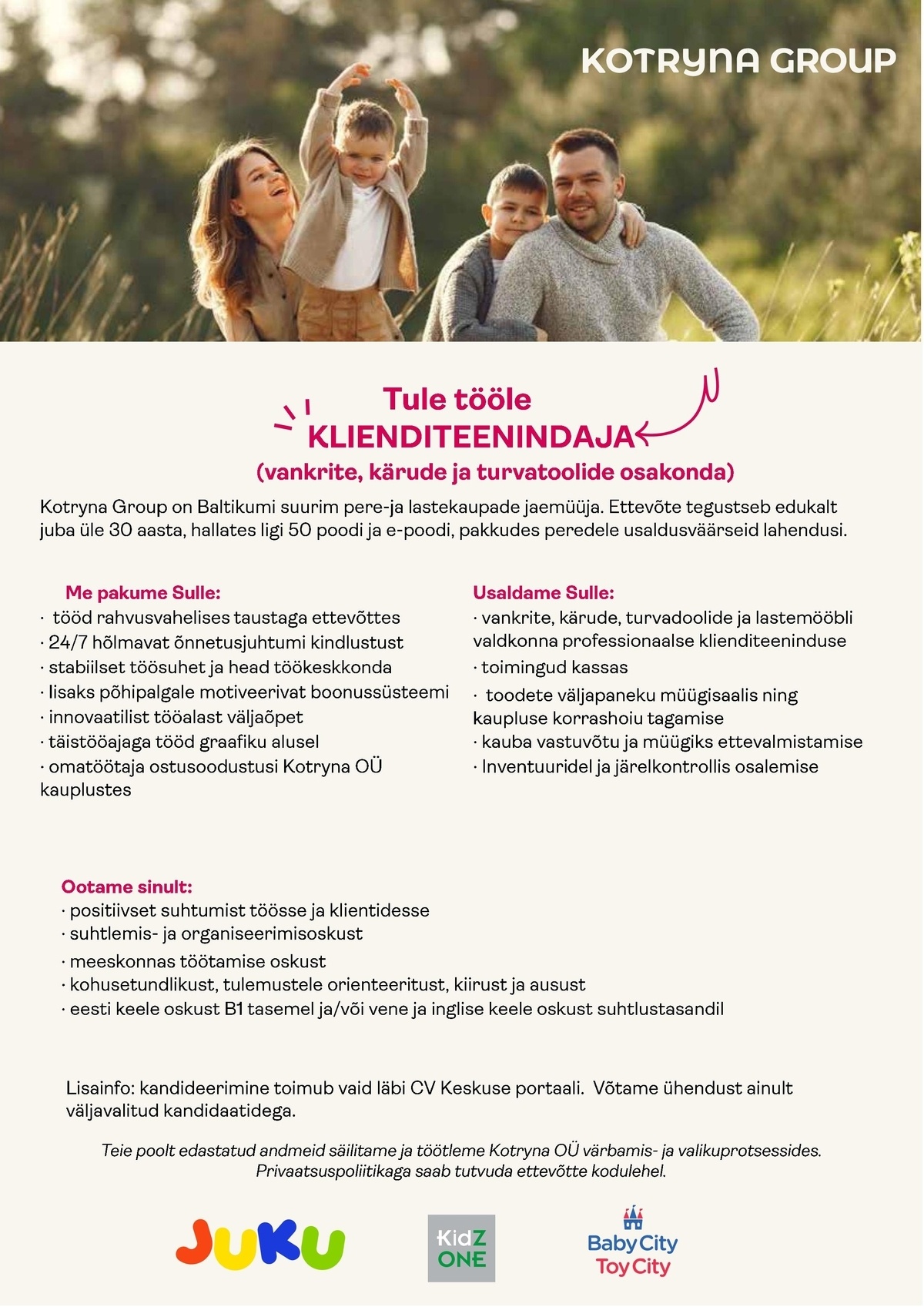 Kotryna OÜ Lõunakeskuse JUKU/BabyCity otsib klienditeenindajat vankre, kärude ja turvatoolide osakonda