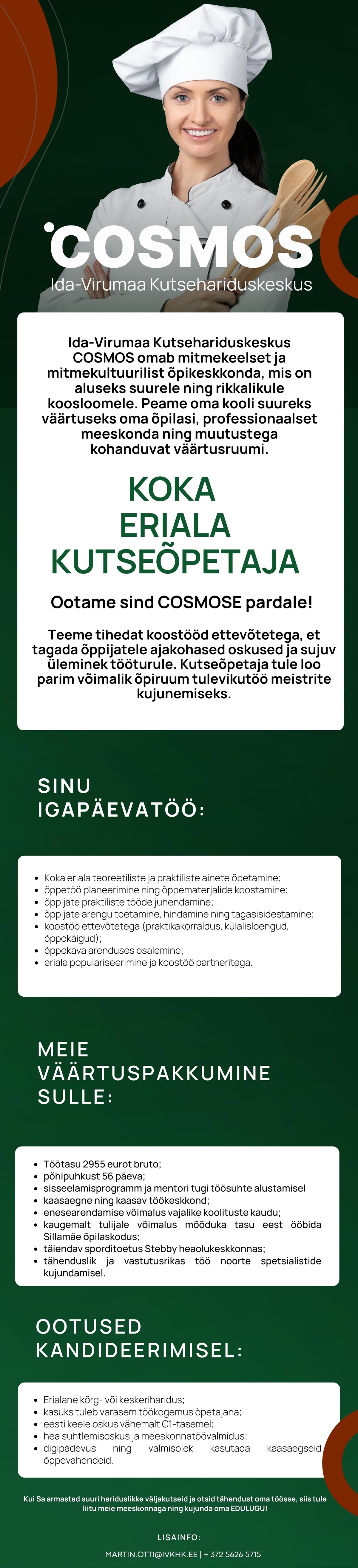 Ida-Virumaa Kutsehariduskeskus KOKA eriala KUTSEÕPETAJA, tule Ida-Virumaa Kutsehariduskeskusesse COSMOS!