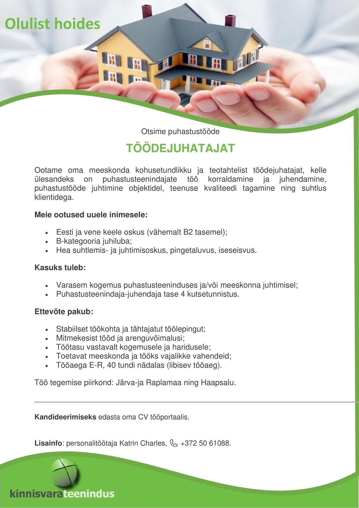 Kinnisvarateenindus OÜ Puhastustööde töödejuhataja