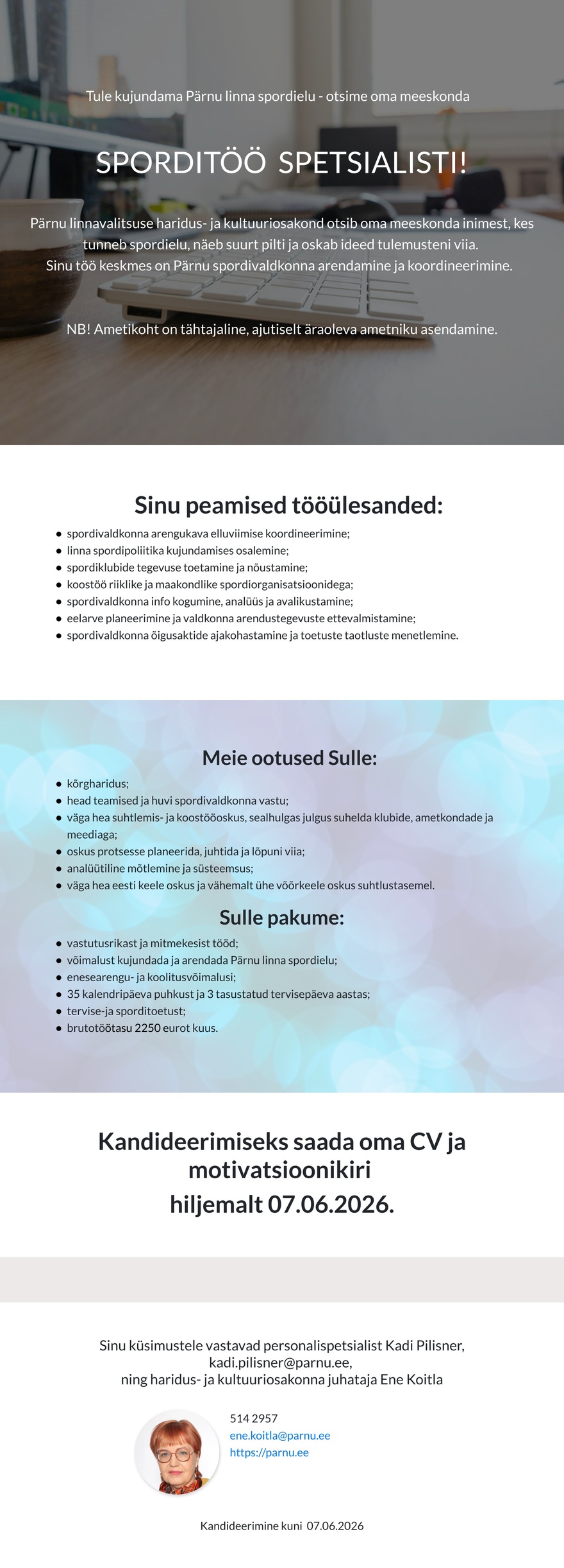 Pärnu Linnavalitsus Sporditöö spetsialist