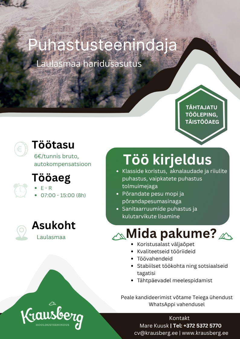 Krausberg Eesti OÜ Puhastusteenindaja Laulasmaa (täiskohaga, tähtajatu)