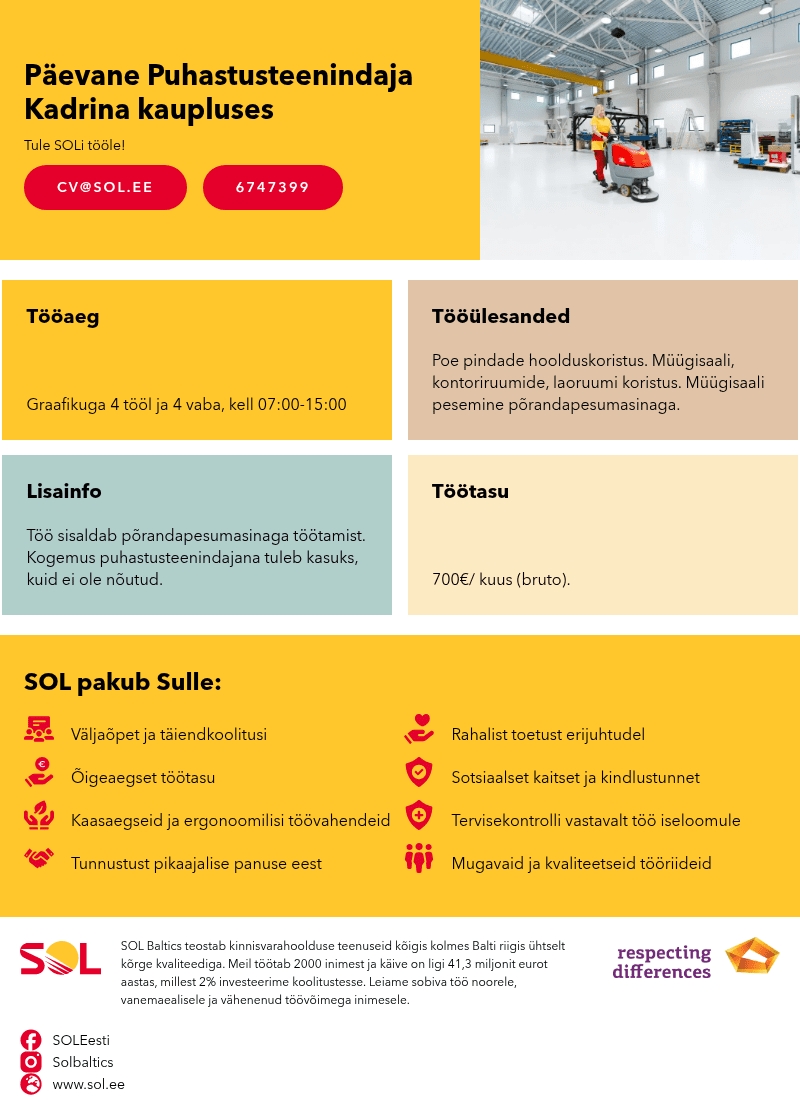 SOL Baltics OÜ Päevane Puhastusteenindaja Kadrina kaupluses