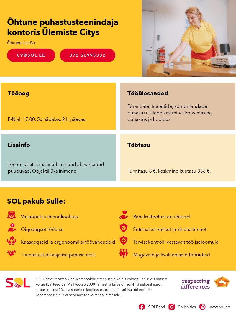SOL Baltics OÜ Õhtune puhastusteenindaja kontoris Ülemiste Citys