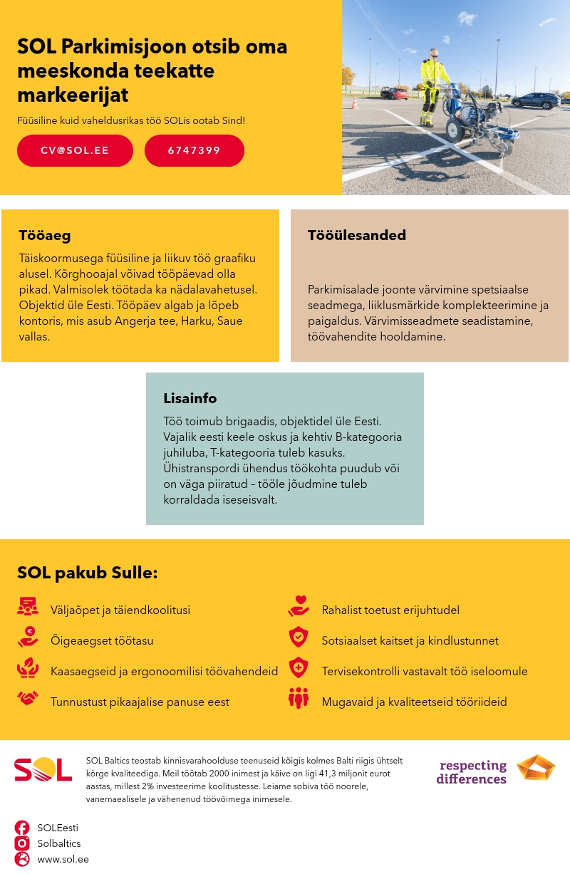 SOL Baltics OÜ SOL Parkimisjoon otsib oma meeskonda teekatte markeerijat