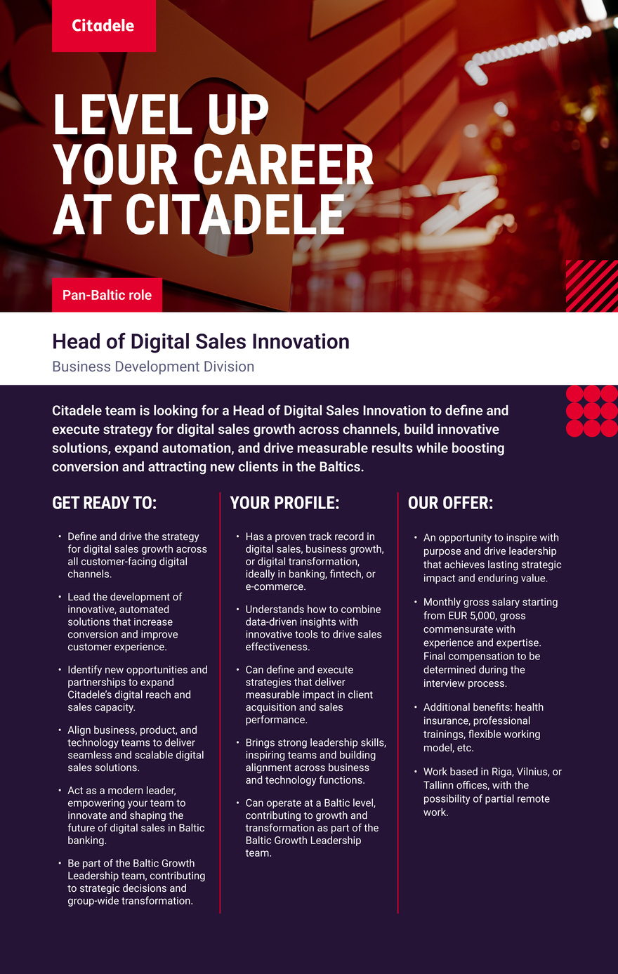 AS CITADELE BANKA EESTI FILIAAL Head of Digital Sales Innovation