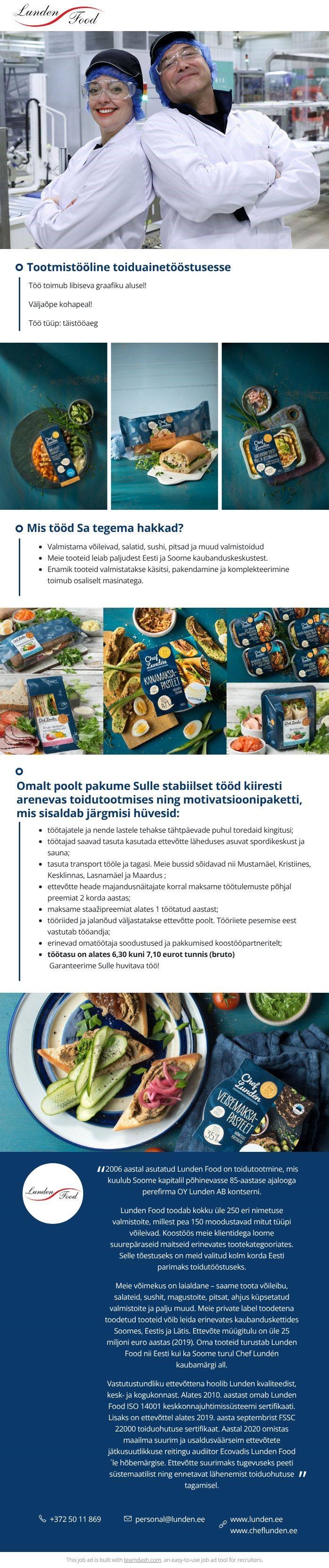 LUNDEN FOOD OÜ Tootmistööline