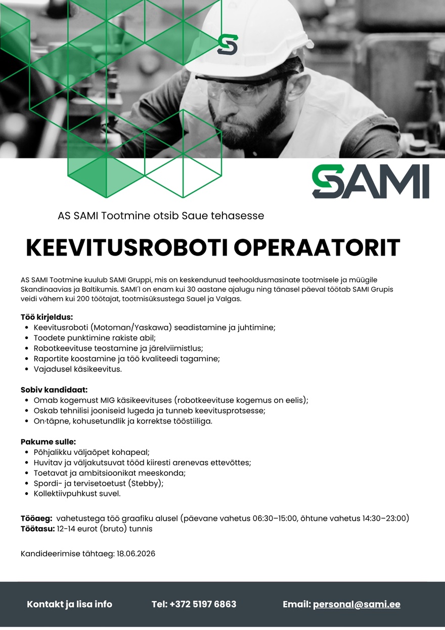 AS SAMI Tootmine Keevitusroboti operaator