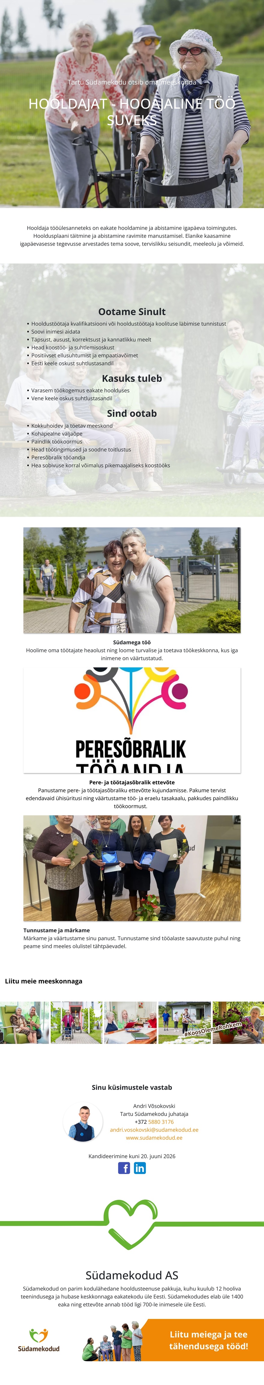 Tartu Südamekodu OÜ Hooldaja - hooajaline töö suviseks perioodiks