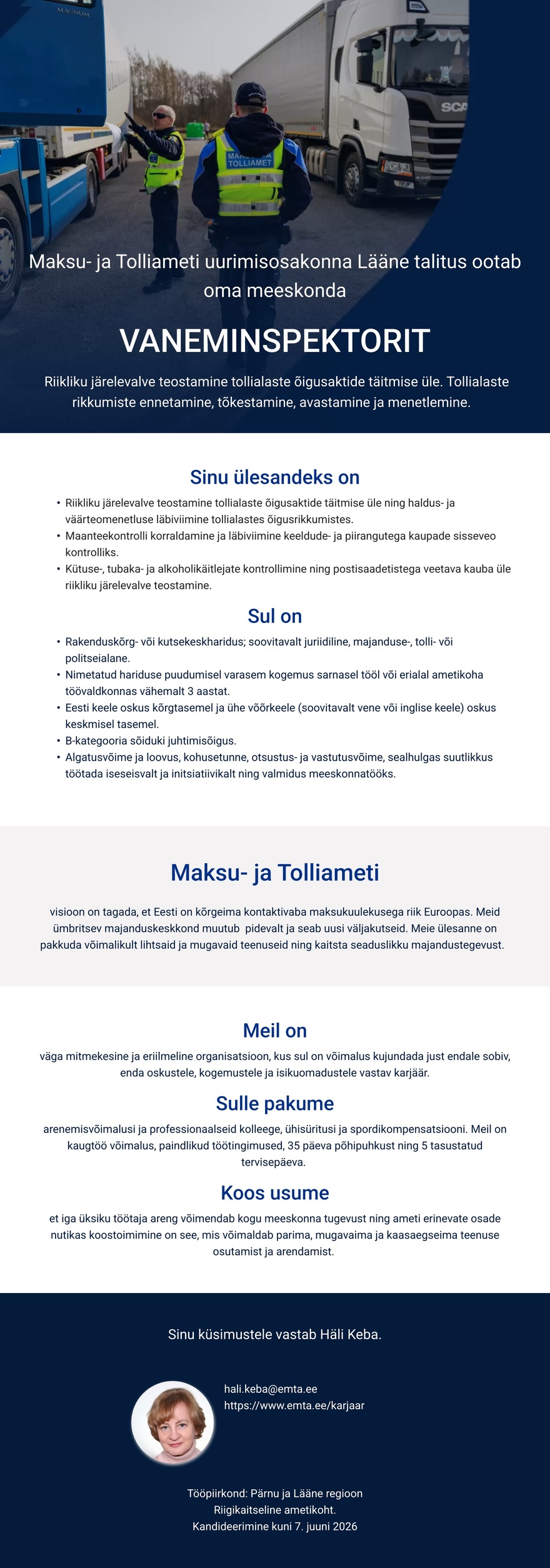 Maksu- ja Tolliamet Vaneminspektor (liikuvtollikontroll)